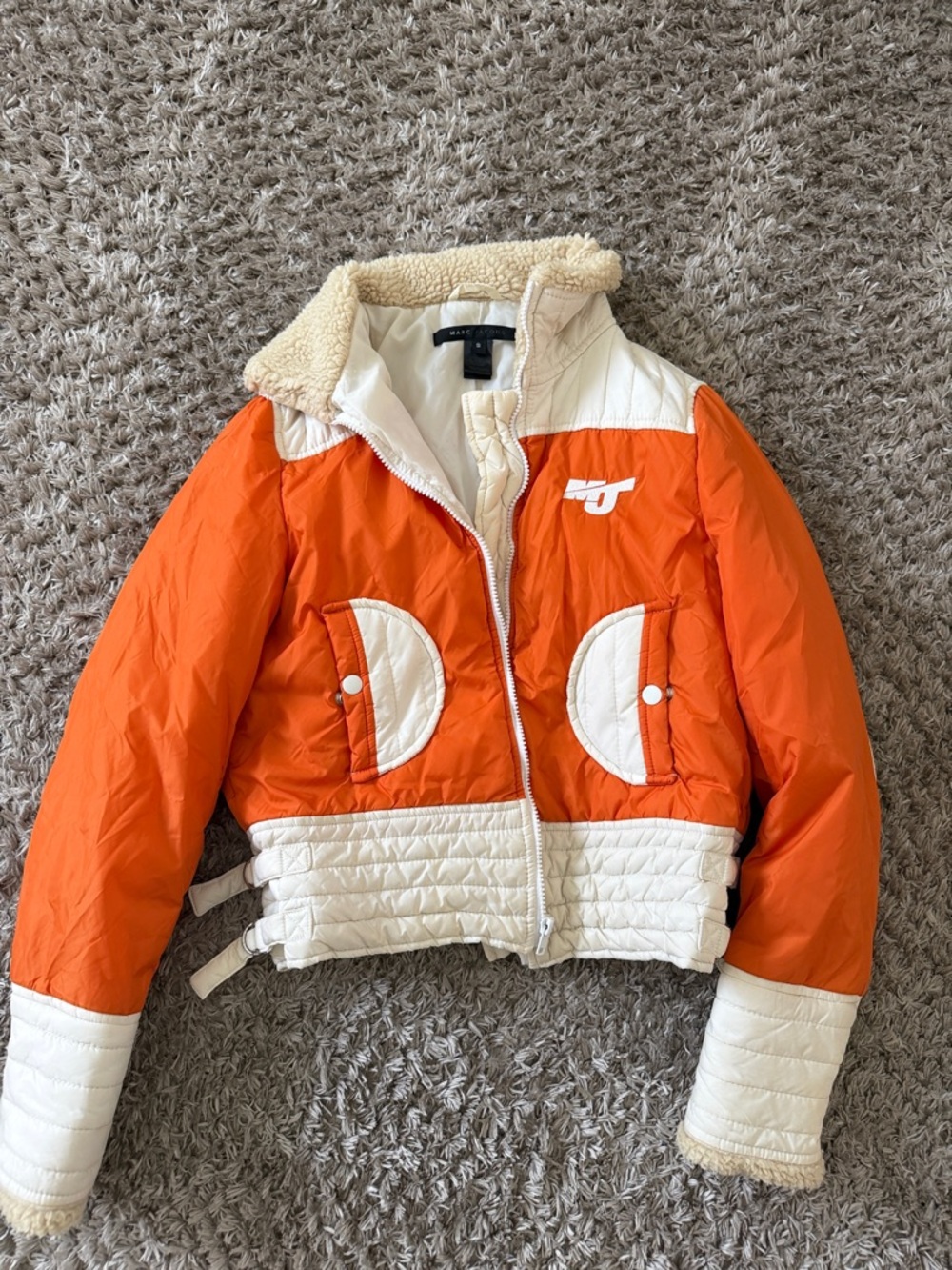 Marc Jacobs Orange and Cream Quilted Hooded Puffer Jacket